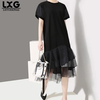 

MaternityNew Spring Summer Round Neck Short Sleeve Black Hem Mesh Plaid Dot Printed Loose Dress Women Fashion Tide