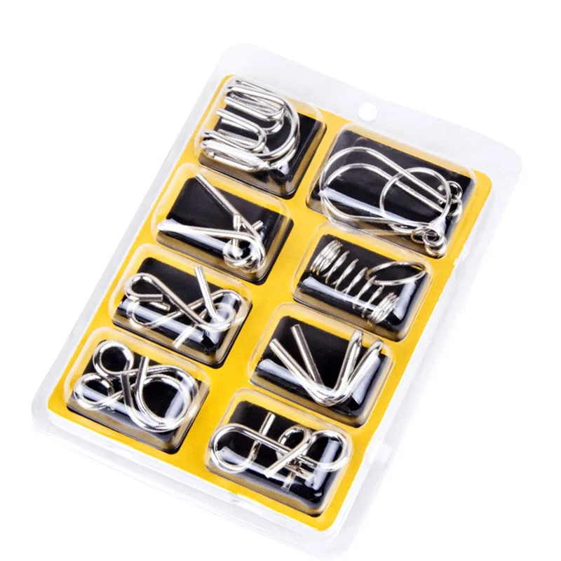 8PCS/Set Different Pattern Metal Wire Puzzle Interesting IQ Mind Brain Teaser Puzzles Game for Adults Kids Educational Toys