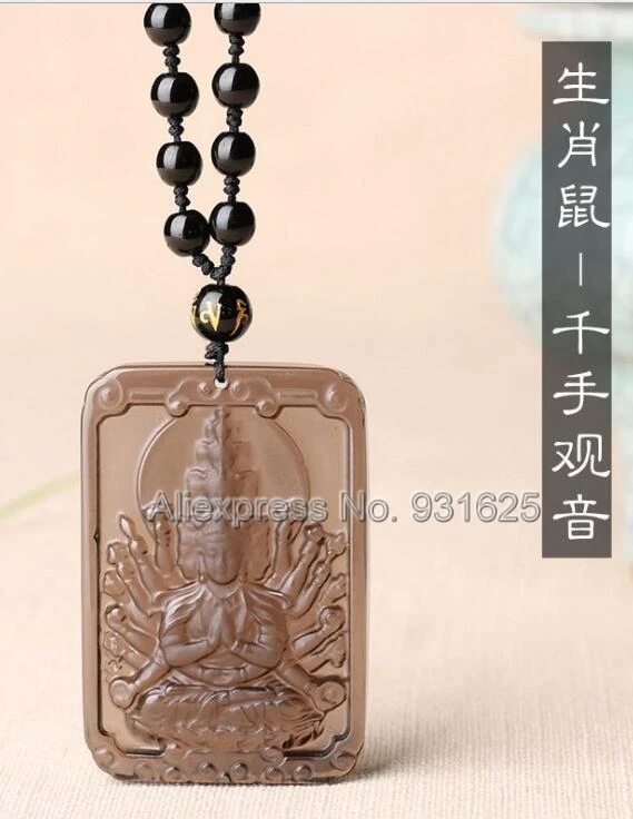 

Natural Ice Clear Obsidian Carved Thousand-Hand GuanYin Lucky Blessing Pendant + Beads Necklace Fashion woman man's Jewelry
