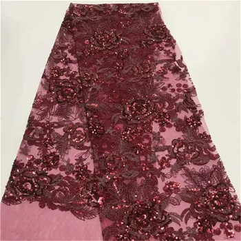 

2019 Latest wine red lake blue French African Lace Fabric With Sequins High Quality African Tulle Lace Fabric For Wedding