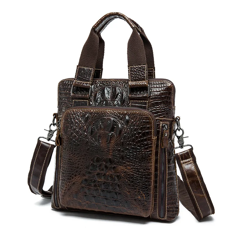 Fashion Business Genuine Leather Men Shoulder Bags Crocodile Embossed Leather Upright Brown Zipper Closure Men Handbags