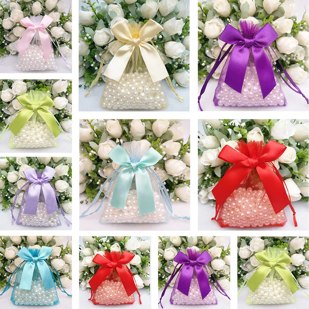 

20pcs/lot High-grade Dense Organza Bag Korean Bowknot Pattern Wedding Gift Bags Drawstring Candy Gift Bag Jewelry Pouches 9*12cm
