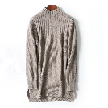 

high quality mink cashmere turtleneck thread knit women fashion irregular hem pullover sweater dress grey coffee 2colors M/2XL
