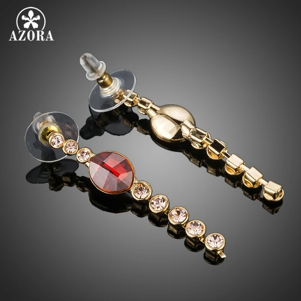 AZORA Elegant Gold Color Single Row Crystal Claw Chain Insert With Red Stellux Austrian Crystal Drop Earrings TE0209