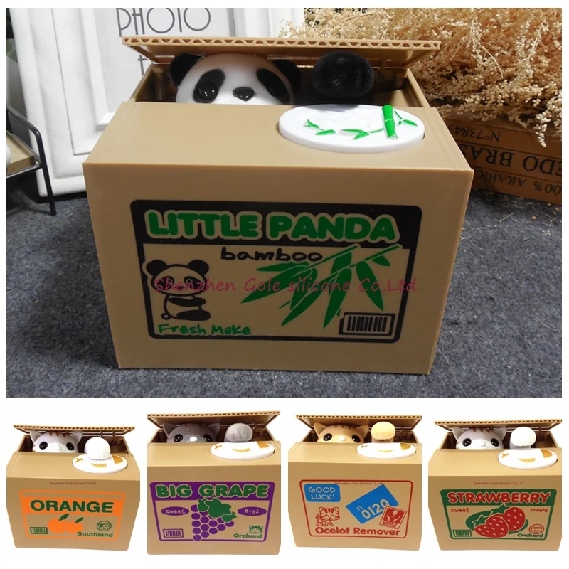 

60pcs/lot Automated panda baboon pig dog mouse itazura cat steal coin piggy bank saving money box coin bank kids gift 16 models