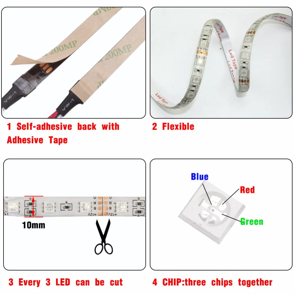Светодиодная лента DC 12 В в RGB SMD 2835 5050 44Key power Remote 5 м 10 15 полный набор водостойкая