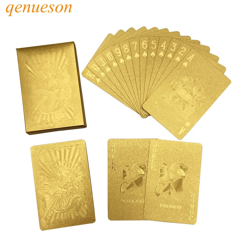 

New 24 Karat Gold Foil Plated Texas Hold'em Plastic Playing Cards Waterproof Frosting Poker Cards Board Games 58 * 88mm qenueson