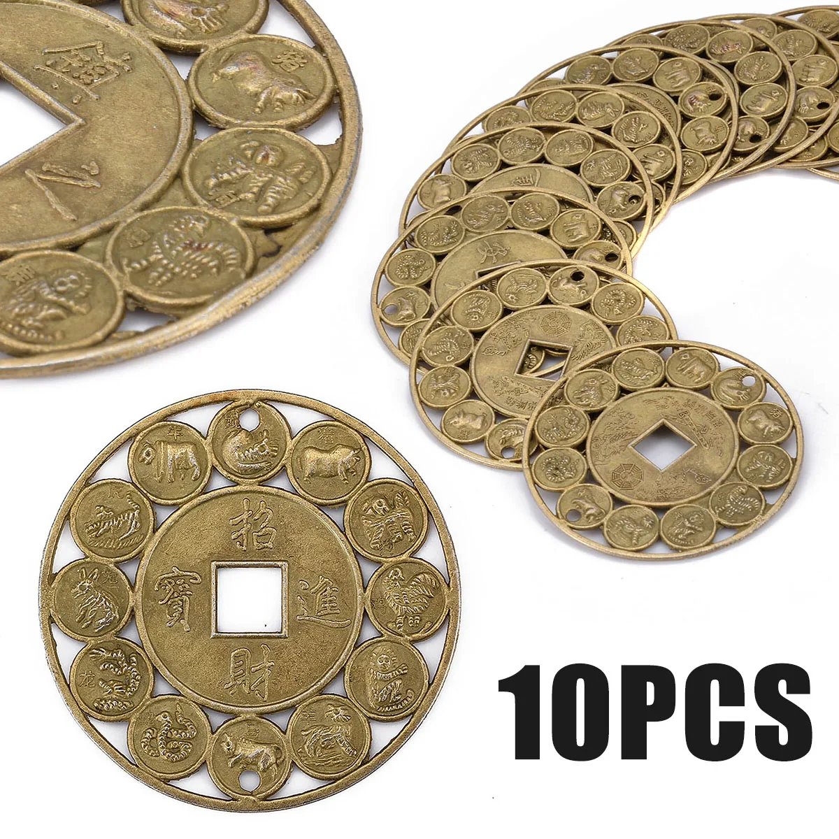 10Pcs 4.5cm Alloy Chinese Zodiac Feng Shui Coins Lucky Coin Prosperity Amulet Protection