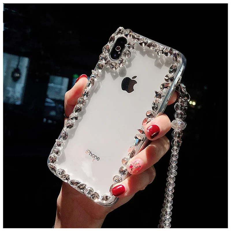 For iphone 5 5S 6 6s Plus 7 8 plus X XS MAX XR Luxury Crystal Diamond With lanyard rhinestone soft Phone case Bling Back Cover |