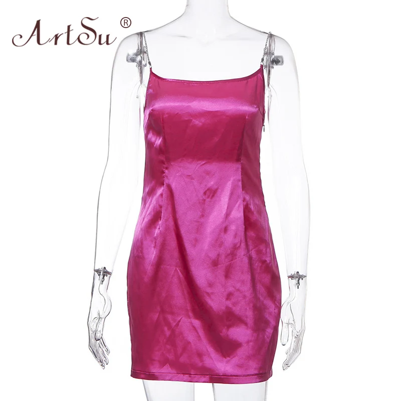 Арцу алмазное Бисероплетение металлические ремни сексуальное летнее платье для женщин u-образный вырез атласные Клубные вечерние платья Зеленый Белый Черный Розовый Vestidos - Цвет: Розовый