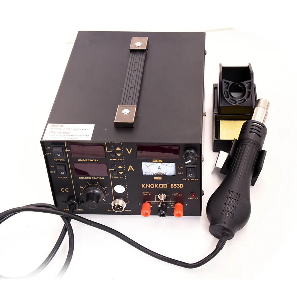 

KNOKOO 3 in 1 SMD Rework Station 853D Hot Air Gun Desoldering Station with 3 LED 1A 15V
