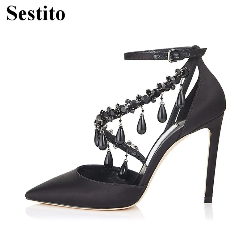 

Sexy String Bead Crystal Pointed Toe Solid Silk High Heels Party Women Pumps Super High Thin Heels Buckle Strap Cover Heel Shoes