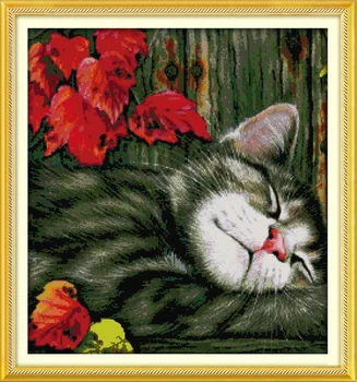 

Maple leaf and sleeping cat Printed Canvas DMC Counted Cross Stitch Kits printed Cross-stitch set Embroidery Needlework
