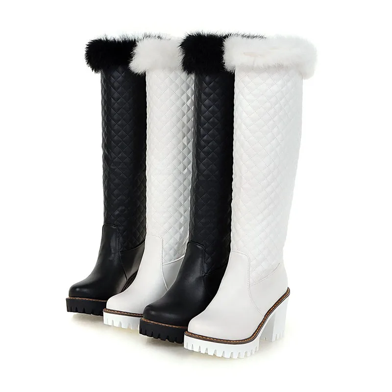 Schwarz Absätzen Kniehohe Slip Hohen Frauen Mode Weiß Chainingyee Reiten Black Stil Kappe Süße Mit Plattform white Runde Kaninchen Stiefel Haar IPZPwzq
