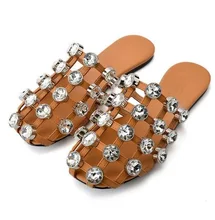 

Summer Women Crystal Button Rivets Studded Sandal Strappy Grid Closed toe Slipper Slingback Flat Leisure Street Slide Shoes