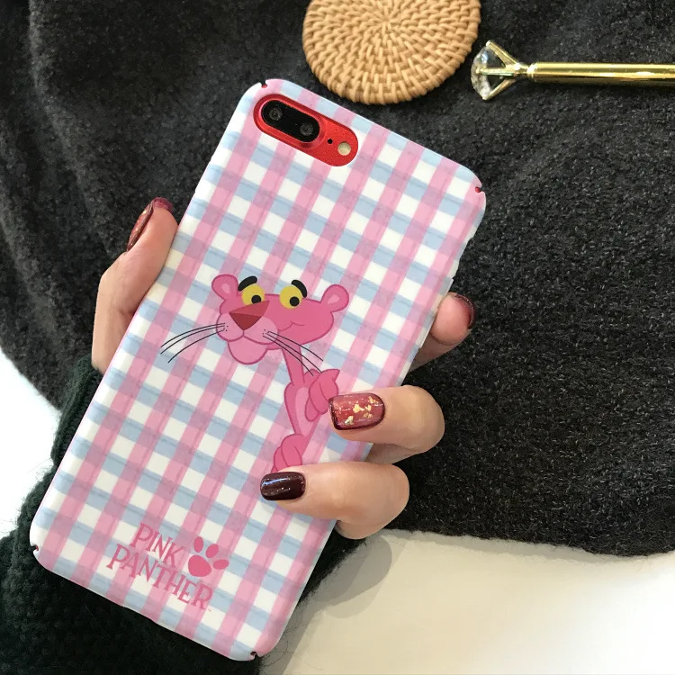 

For Iphone X Case Hard PC Protective Cover for Iphone 6 6s Plus 7 8 Plus Plaid Cartoon Girl Heart Pink Panther Phone Case Conque