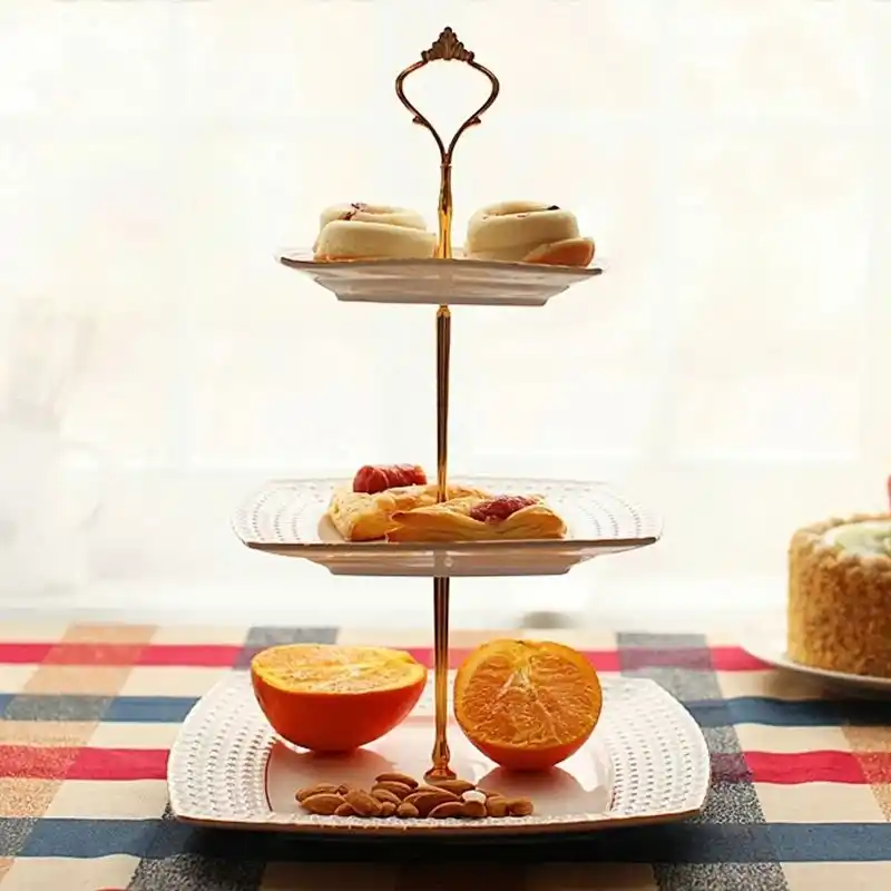 Double-Layered Fruit Basket Tea Coffee Shop Hotel Storage Rack Holder for Fruit Candy Dessert Cupcake Vintage Metal Fruit Plate Stand Draining Display Holder with Handle