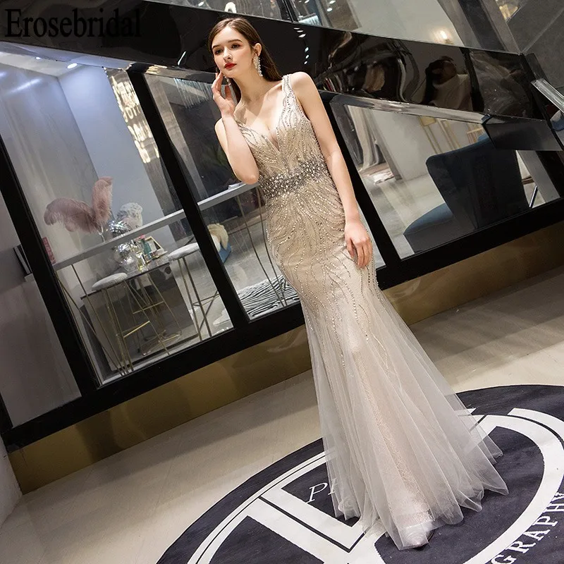 Mermaid Evening Dress Long 2019 Beaded Lace Formal Dresses Evening Gown for Women Elegant V Neck/Back 7 Colors robe soiree Mermaid Evening Dress Long 2019 Beaded Lace Formal Dresses Evening Gown for Women Elegant V Neck/Back 7 Colors robe soiree