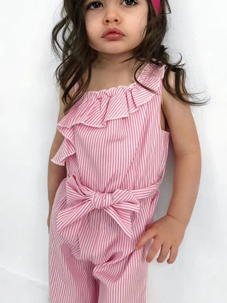 

Toddler Baby Girl Single Shoulder Ruffled Stripe Jumpsuit