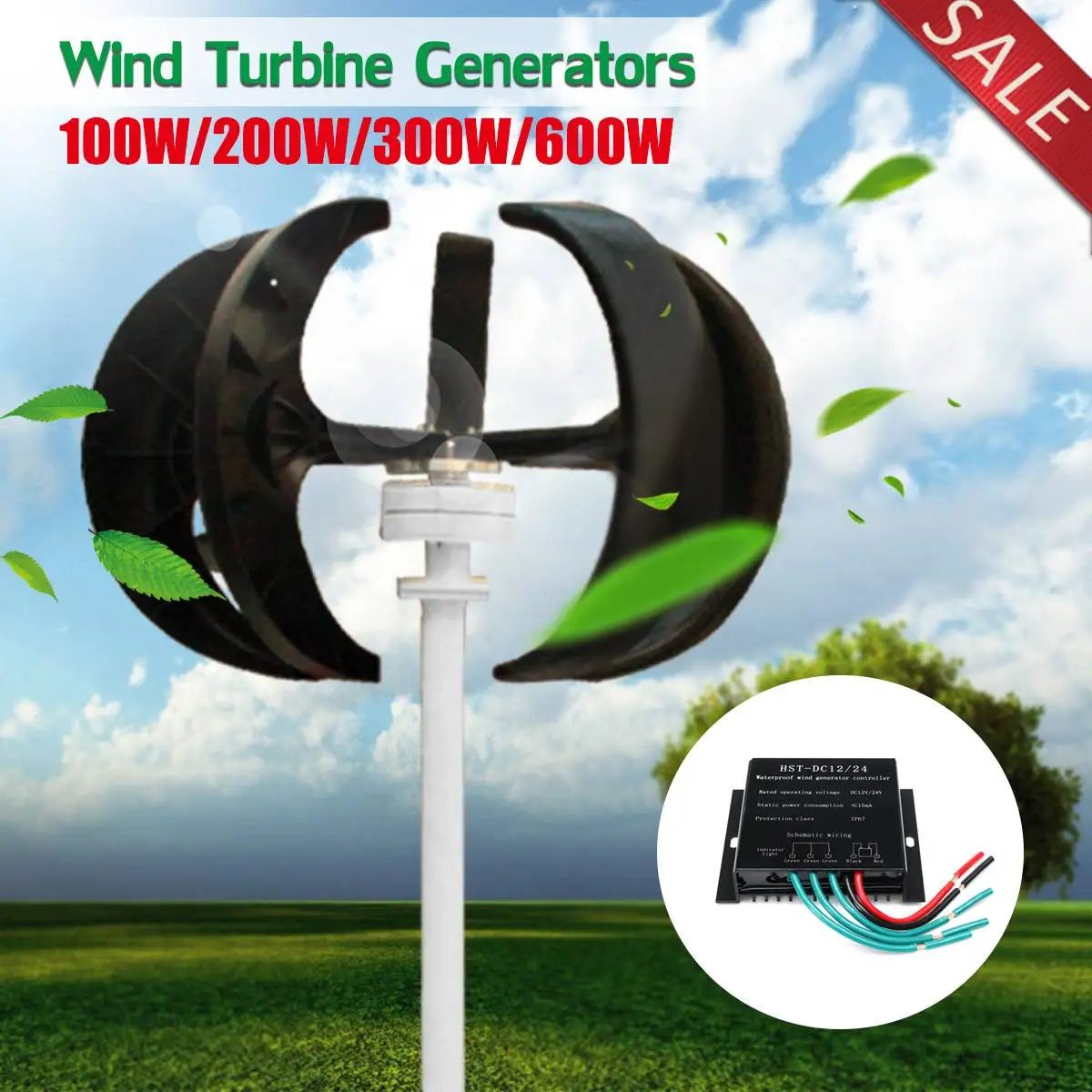 

100/200/300/600W 12V/24V Vertical Axis Wind T urbine Generators VAWT House Boat Garden Residential Use with Controller