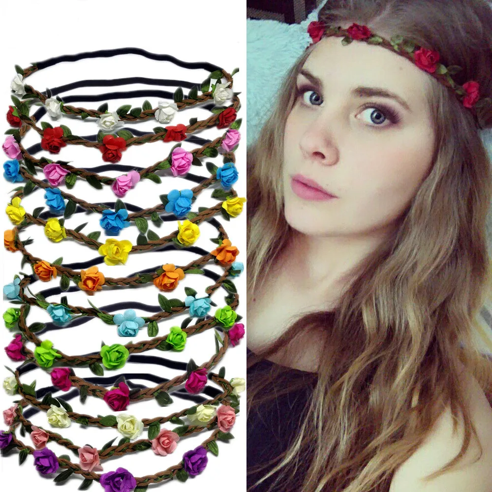 

Wholesale 100pcs Bohemian Wreath Hair Accessories Flower Headband Rose Floral Wreath Girls Elastic Head Band Wedding Hair Bands