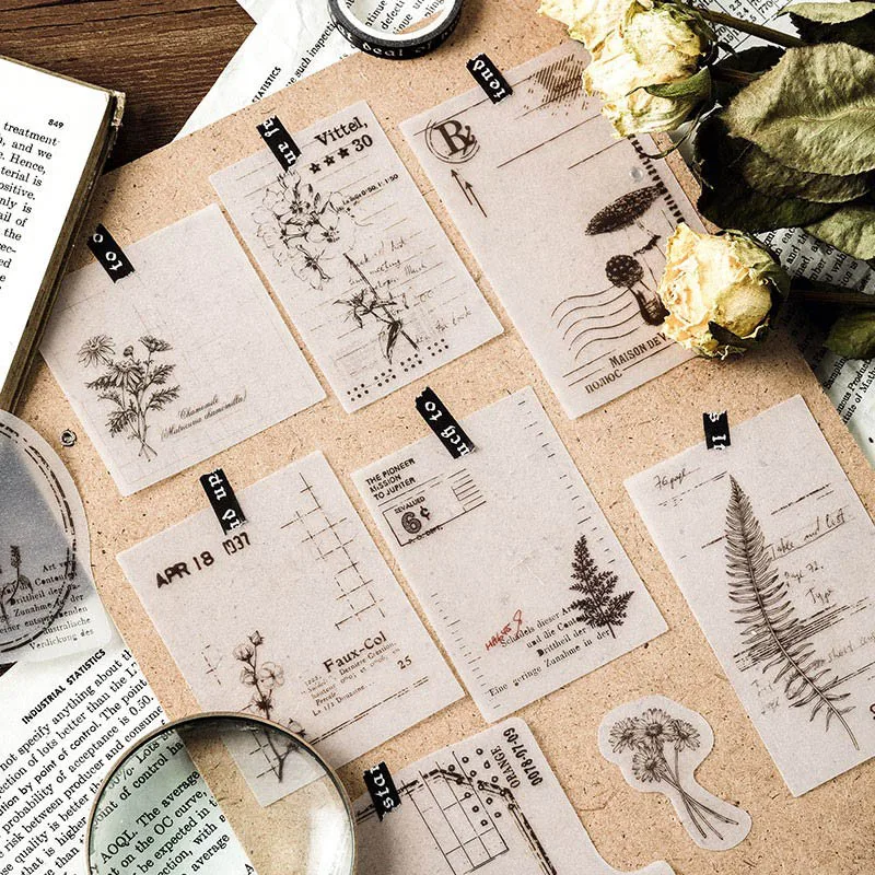 

50Pcs Retro Date Label Stickers Adhesive Kraft Paper Sticker Plant Stationery Stickers For Kid Decor Scrapbooking Diary Supplies
