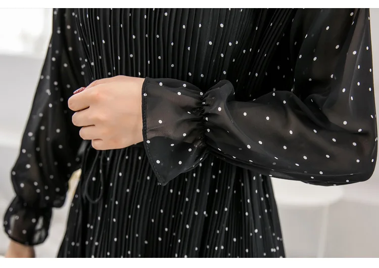 Весна-осень, женское длинное шифоновое платье, новинка, корейская мода, женские плиссированные платья в горошек с длинным рукавом, черная винтажная одежда