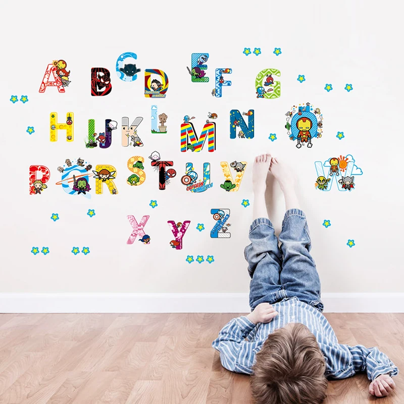 Мультяшные красочные 26 букв алфавит наклейки на стену для детской комнаты декор Минни Микки Рост Диаграмма ПВХ DIY настенные художественные наклейки