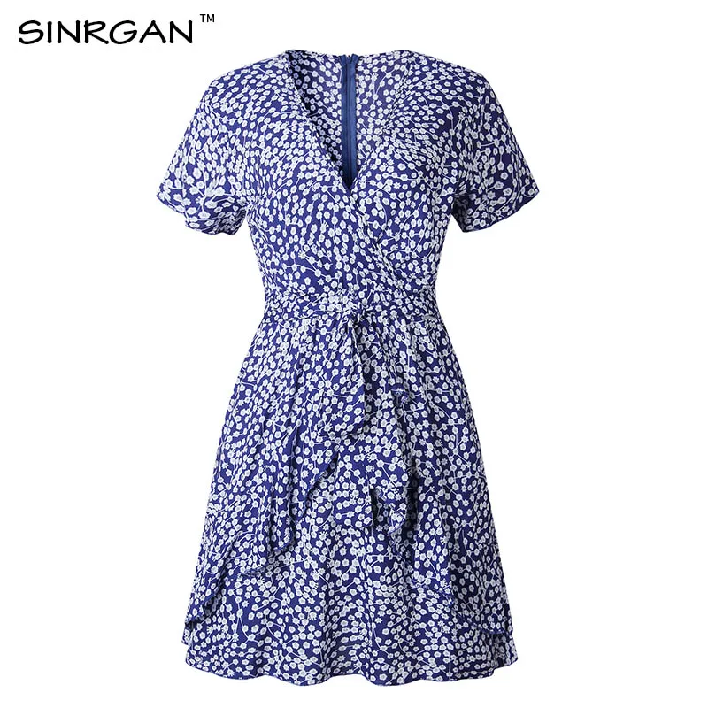 SINRGAN Модный принт в горошек с v-образным вырезом и рюшами на молнии, женское платье Лето с коротким рукавом Пояс с поясом Мини-платье - Цвет: blue