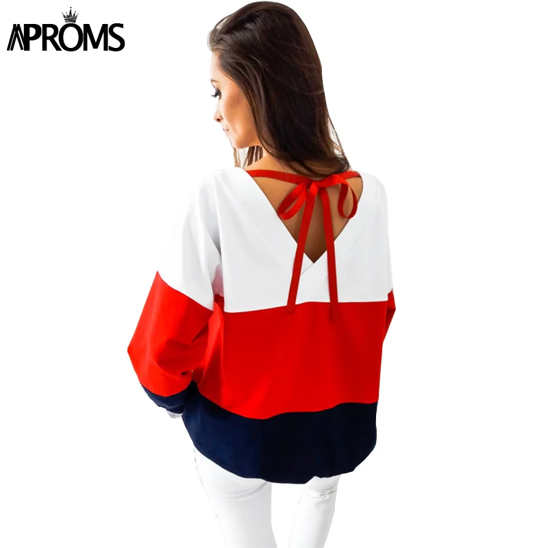 Aproms White Red Color Blocked Long Sleeve T-Shirt Women Fashion Back Bow Tie Tee T Shirt Female Autumn Casual Thin Basic Tops