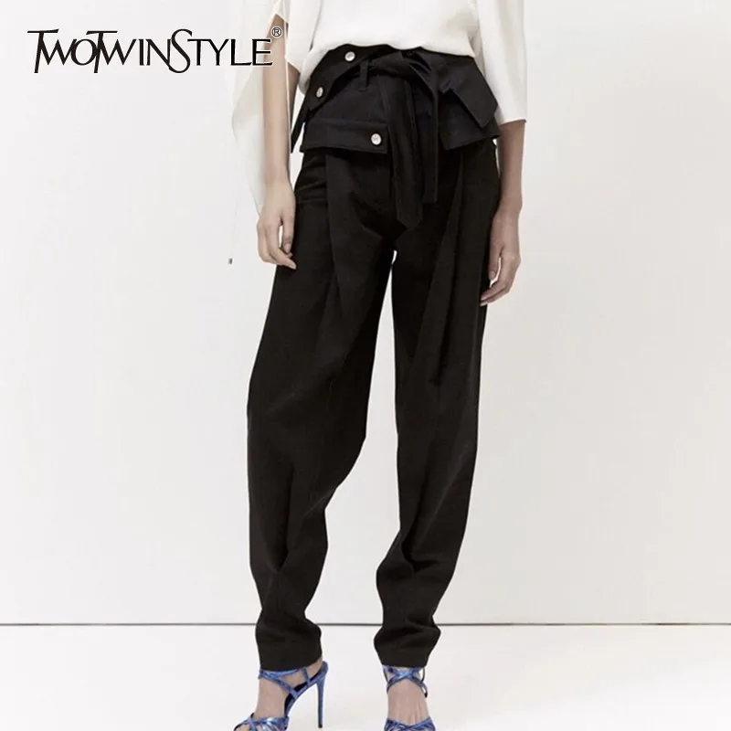 TWOTWINSTYLE летние однотонные брюки карго для женщин высокая талия бандажные брюки большого размера женская модная одежда корейская Новинка