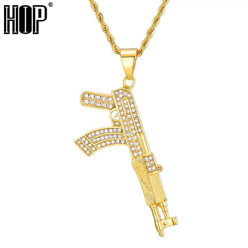 Хип хоп Iced Out полный горный хрусталь AK47 колье с кулонами в виде пистолетов и
