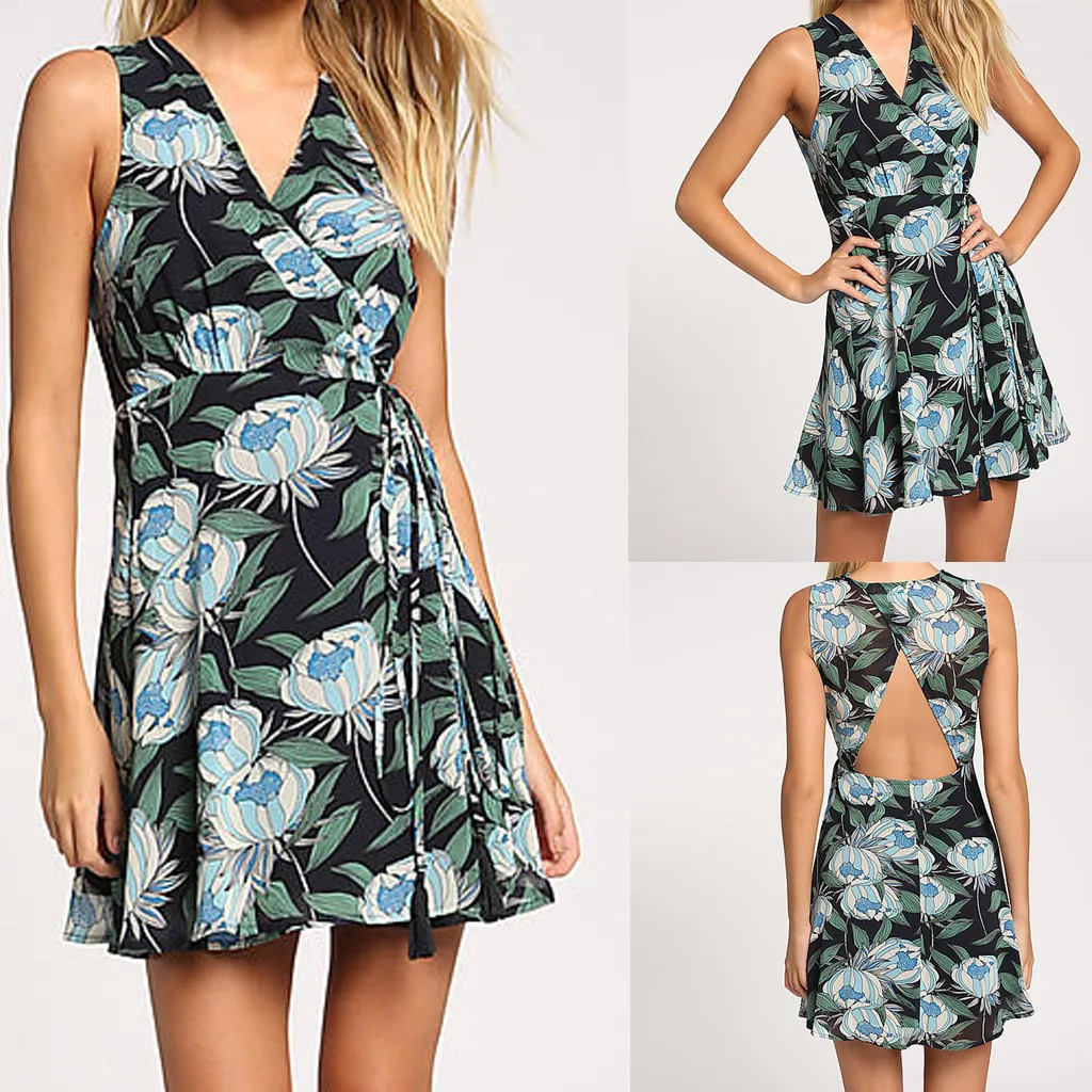 Women Dress 2020 Women's Fashion Casual Flower Printed Navy Floral Cut Out Flared Wrap Dress Party Dress Vestidos Plus Size