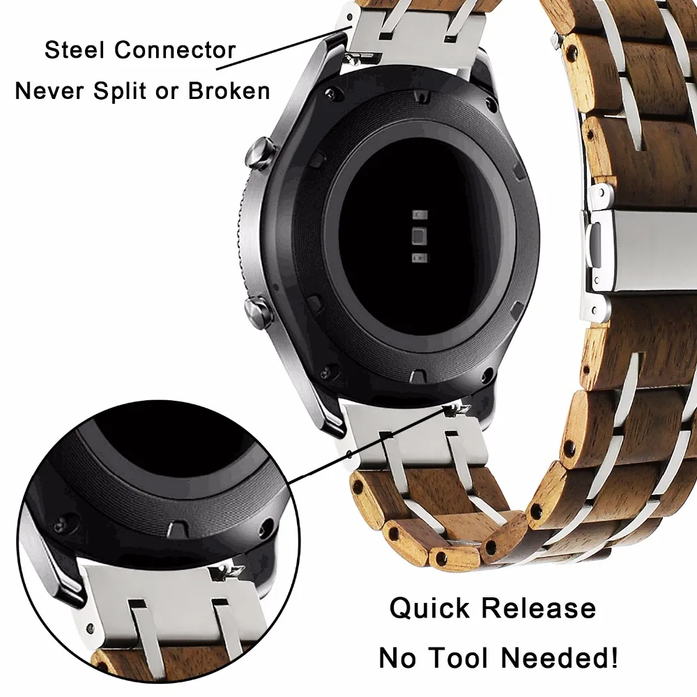 Ремешок из натурального дерева + нержавеющей стали 22 мм для Samsung Gear S3 Classic Frontier 2 Neo