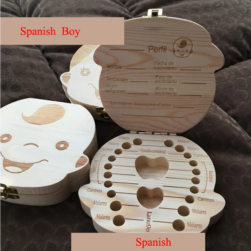 

English/Spanish Wooden Box Tooth Box Organizer Save Milk Teeth Box Storage Teeth Gift Umbilical Cord Lanugo caja madera