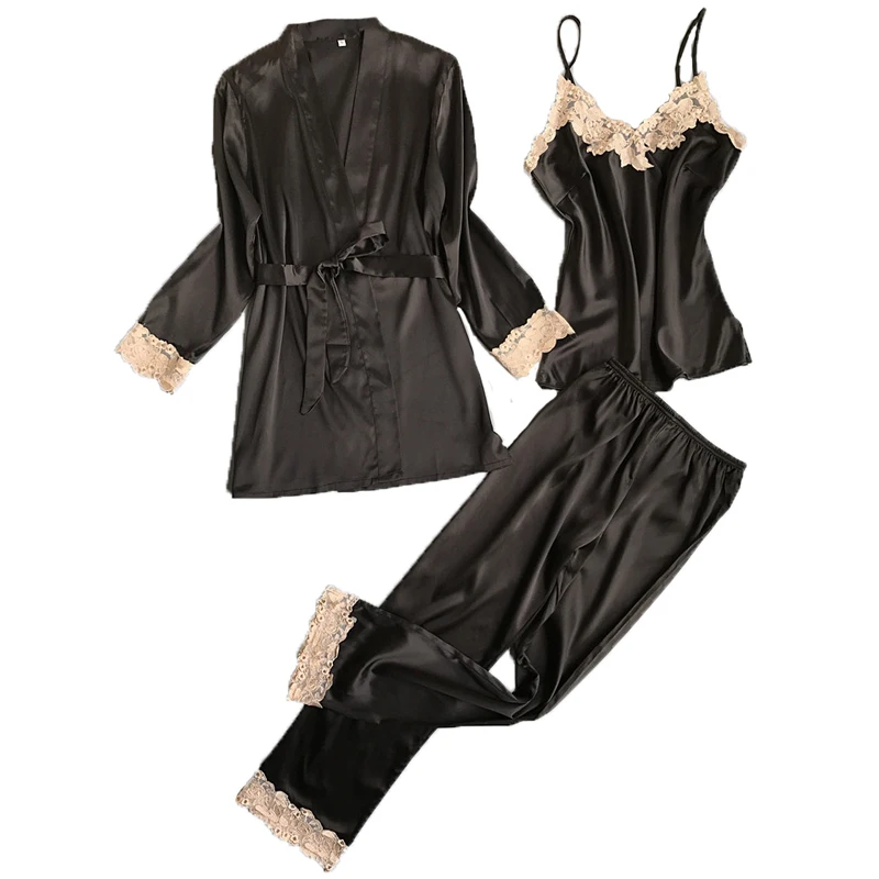 Buy New three pieces satin lace padded pajamas sets