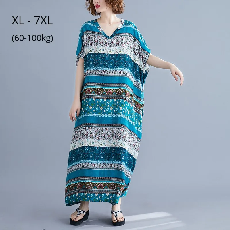 

Plus Size 7XL 6XL 5XL Short Sleeve Summer Print Dress Bohemian Style V Neck Casual Clothing Femme Robe Loose Beach Maxi Dress