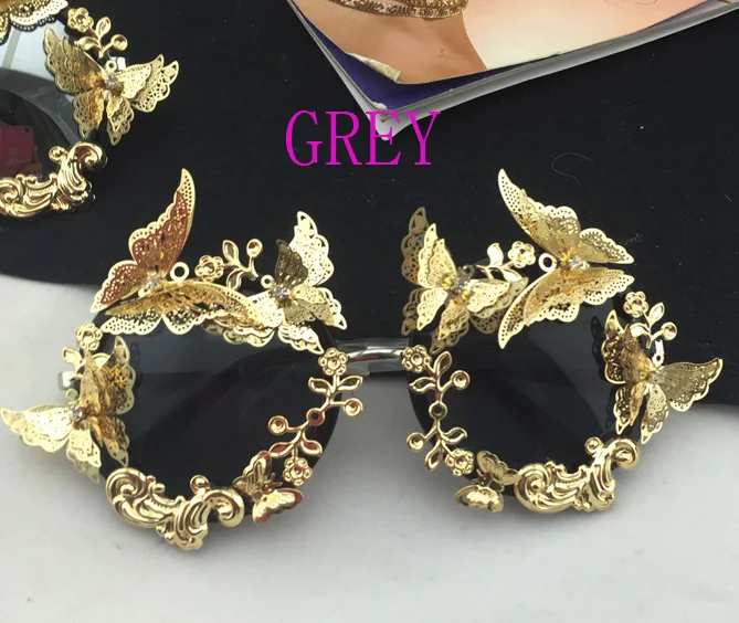 Модные Винтажные Солнцезащитные очки в стиле ретро с золотыми бабочками в стиле барокко - Цвет линз: A GREY