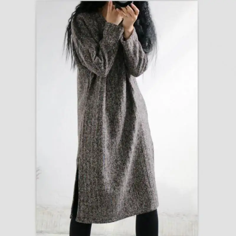 

2017 Winter New Original Thick Warm Wool Dress Minimalist Loose Striped Plus Size Hem Bifurcation Robe Sexy Long Sleeve Vestidos
