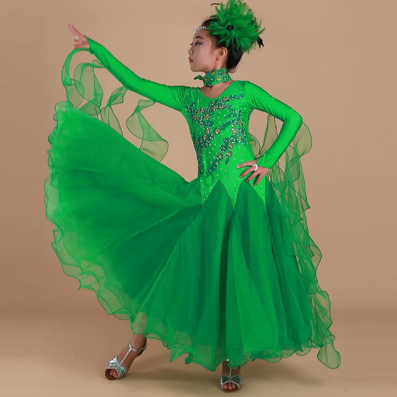 

Children Standard Ballroom Dance Competition Dress For Girls Long Sleeve Stage Performance Tutu Dancing Dress Tango/Waltz