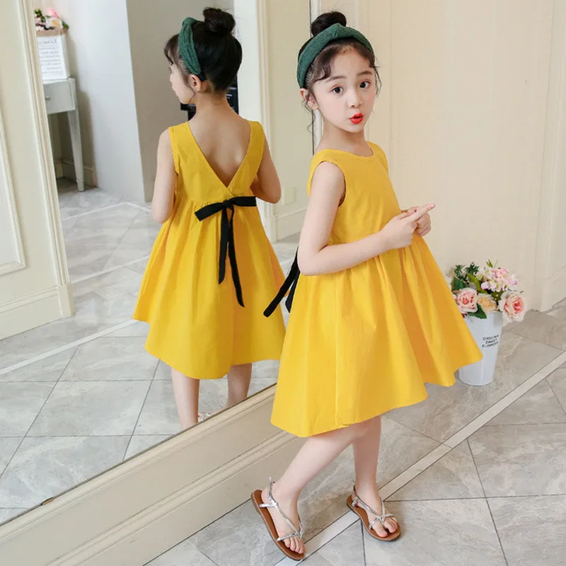 

Solid color children's dress summer girl backless bow belt clothing 2019 sleeveless dress children's dress skirt princess dress