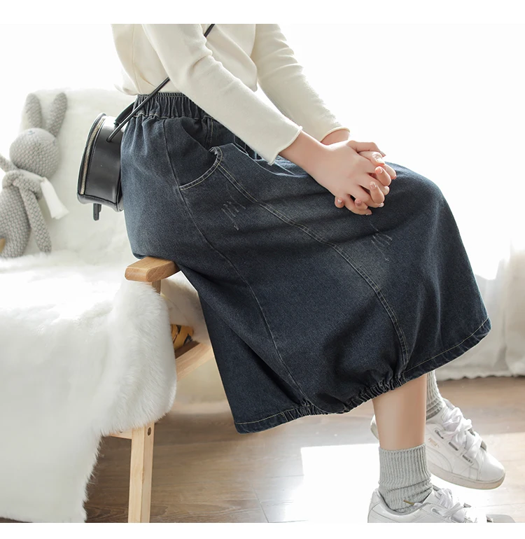 Spring Autumn Skirt Fashion Women Large size Denim skirt New Ladies Elastic Waist pocket Bleached Mori girl Casual Loose skirt