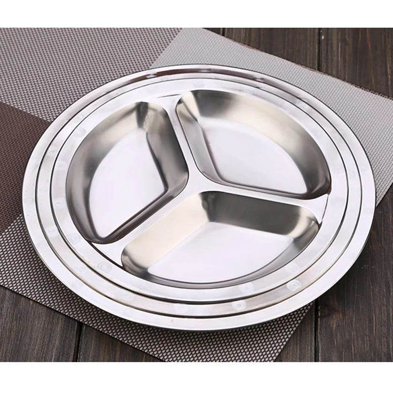 JX-LCLYL 22/24/26cm Dia 3 Sections Round Divided Dish Snack Dinner Plate Stainless Steel