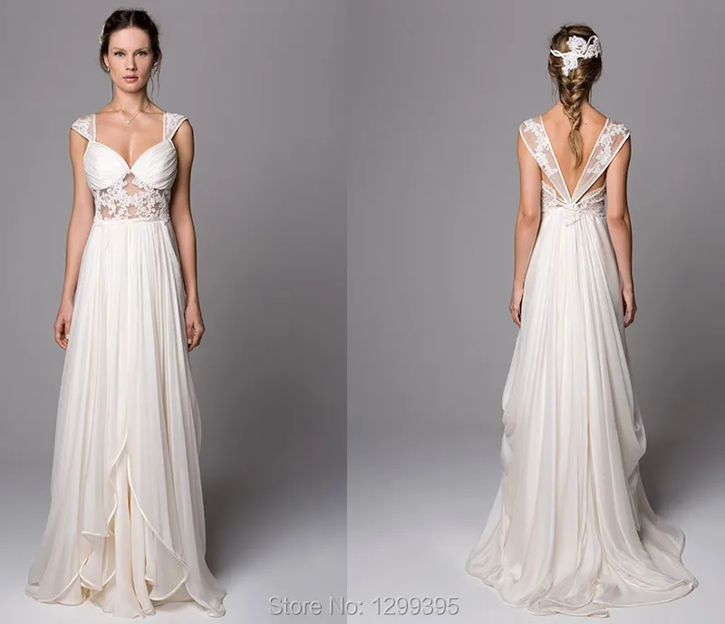 Beautiful Ivory Chiffon Long Beach Wedding  Dress  with Lace 