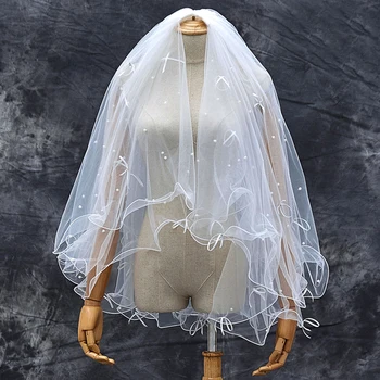 

Wedding veil 2019 new lace pearl white 3 layer 80CM veil with comb real photo cheap voile mariage wholesale