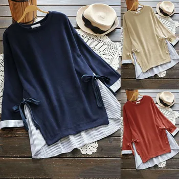 

Female Fake Two Pieces Blusa Women Autumn Striped Patchwork Blouse O Neck Long Sleeve Bow Shirt Casual Plus Size Femme Party Top