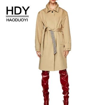 

HDY Haoduoyi Women Outwear Turn Down Collar Single Breast Clothing Office Lady Style Sashes Long New Trench Loose