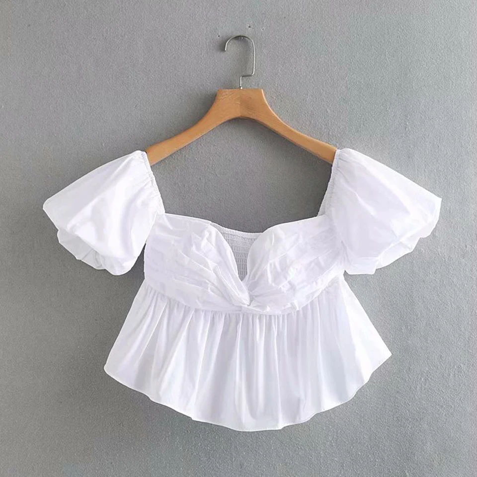 

Women Summer Fashion Loose Blouses and Tops White Shirts Short Sleeve Strapless Sexy Pleated Female Solid V-Neck blusas camisa
