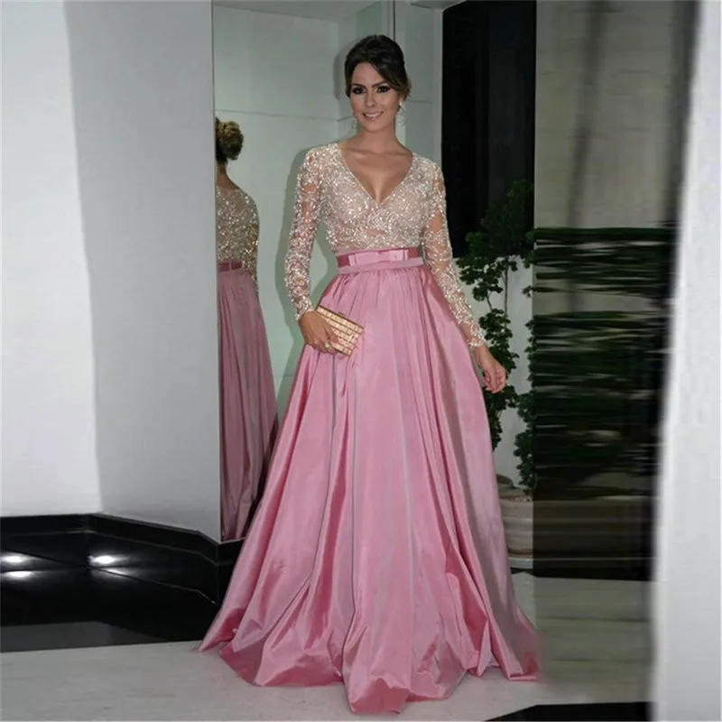 

Robe De Soiree Longue Sexy V Neck Pink Prom Gown with Beading Wedding Party Dress