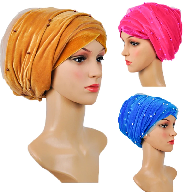 

Top selling African headtie African turban scraf with net bead gele Velvet turban soft wrapper already tie for party or wedding.